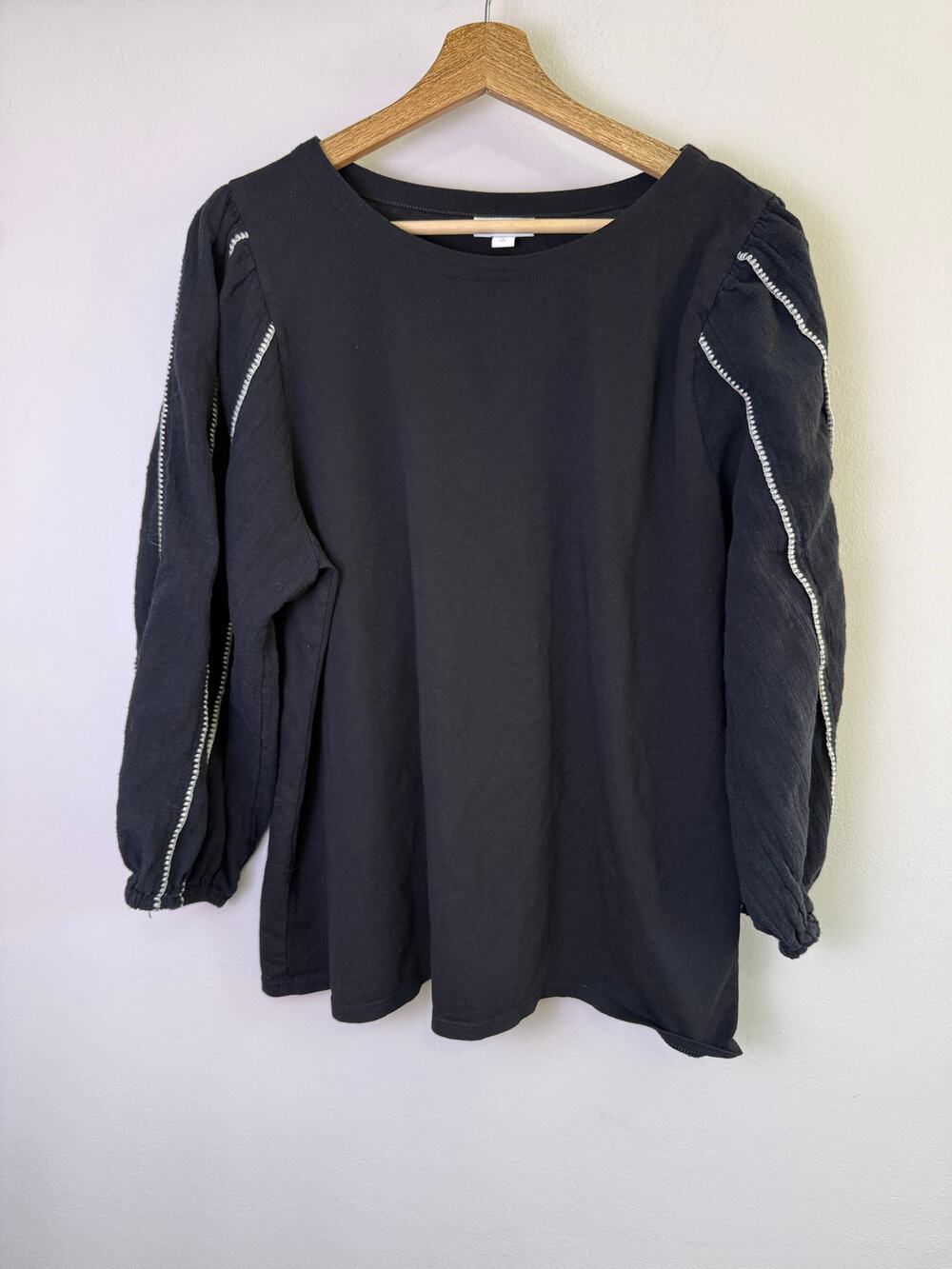 J.Jill L Tall Black Balloon Sleeve Top Contrast Stitch Cotton Modal